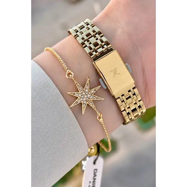 Kadranı Sarı Kordonu Gold Renk Hediye Paketli 24 Mm Kadın Kol Saati ve Bileklik