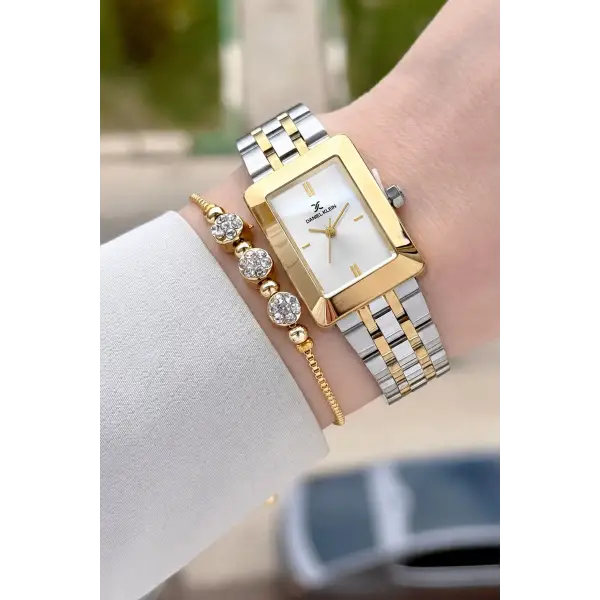 Gold Gümüş Renk Hediye Paketli 22 Mm Kadın Kol Saati ve Bileklik ve Bileklik