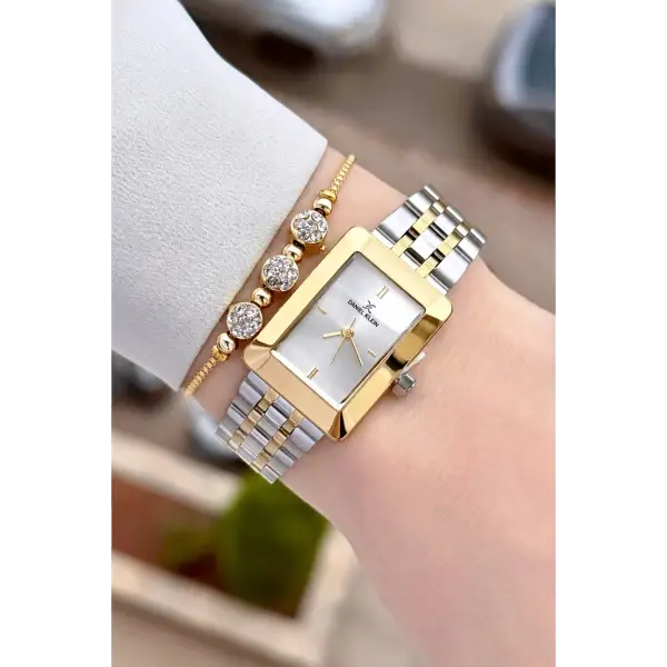 Gold Gümüş Renk Hediye Paketli 22 Mm Kadın Kol Saati ve Bileklik ve Bileklik