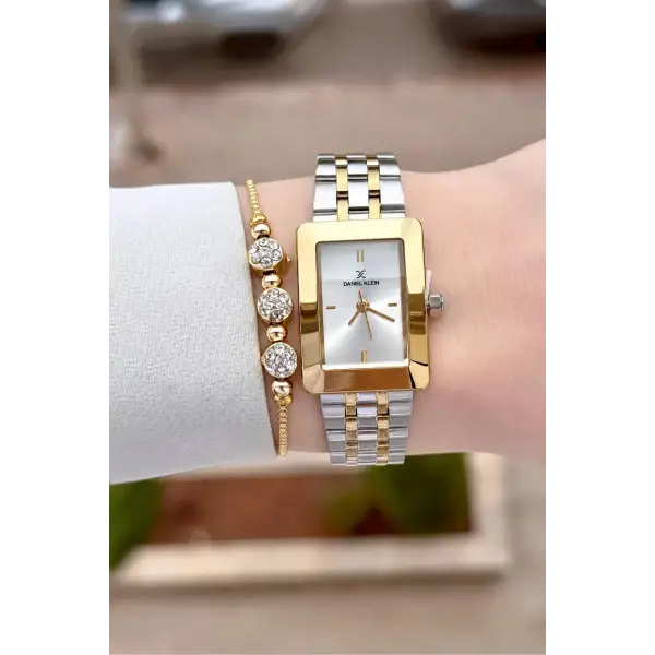 Gold Gümüş Renk Hediye Paketli 22 Mm Kadın Kol Saati ve Bileklik ve Bileklik