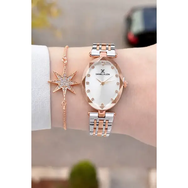 Rose Gümüş Renk Hediye Paketli 24 Mm Kadın Kol Saati ve Bileklik