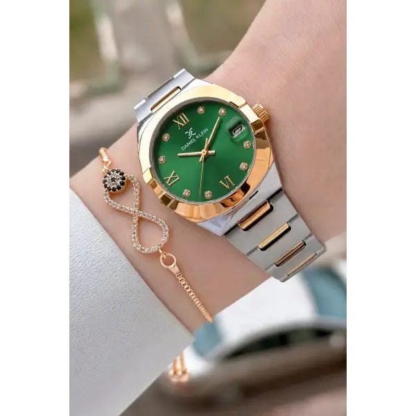 Kadranı Yeşil Kordonu Rose Gümüş Renk 30 Mm Kadın Kol Saati ve Bileklik