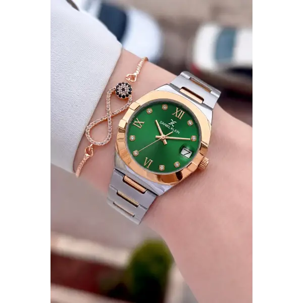Kadranı Yeşil Kordonu Rose Gümüş Renk 30 Mm Kadın Kol Saati ve Bileklik