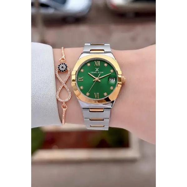 Kadranı Yeşil Kordonu Rose Gümüş Renk 30 Mm Kadın Kol Saati ve Bileklik