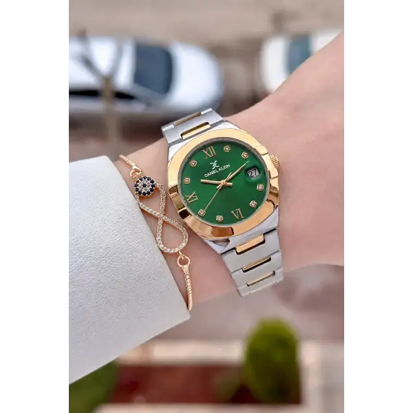 Kadranı Yeşil Kordonu Rose Gümüş Renk 30 Mm Kadın Kol Saati ve Bileklik