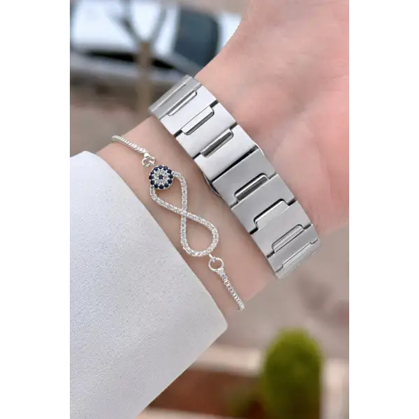 Gümüş Renk 30 Mm Kadın Kol Saati ve Bileklik