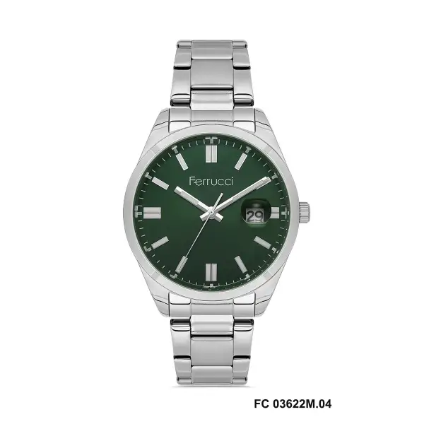 Kadranı Yeşil Kordonu Gümüş Renk Hediye Paketli 40 Mm Takvimli Erkek Kol Saati