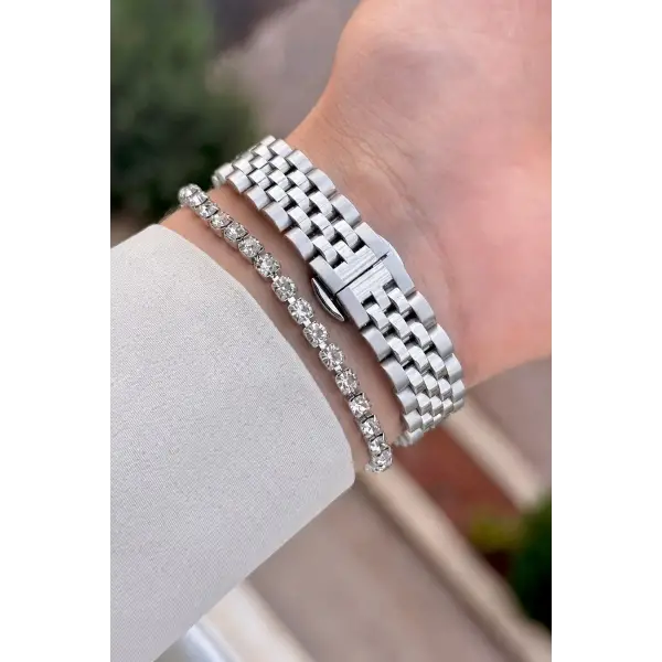 Gümüş Renk 30 Mm Kadın Kol Saati ve Bileklik