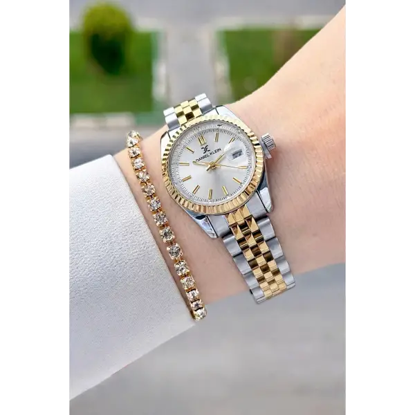 Gold Gümüş Renk 28 Mm Hediye Paketli Kadın Kol Saati ve Bileklik