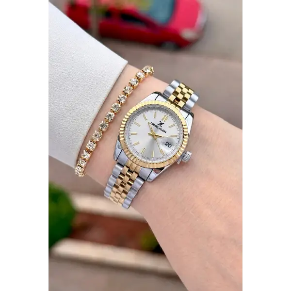 Gold Gümüş Renk 28 Mm Hediye Paketli Kadın Kol Saati ve Bileklik