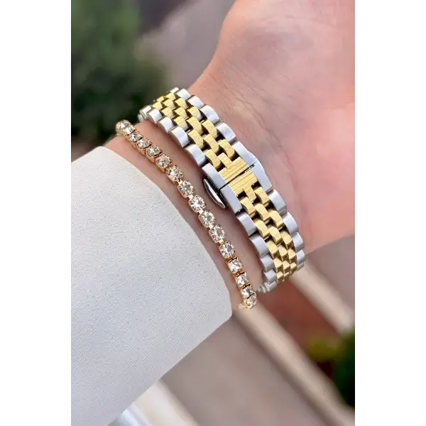Gold Gümüş Renk 28 Mm Hediye Paketli Kadın Kol Saati ve Bileklik