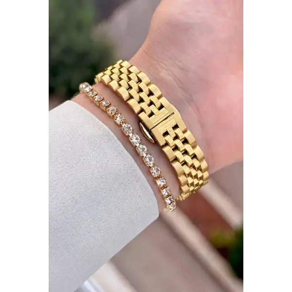 Gold Renk 28 Mm Hediye Paketli Kadın Kol Saati ve Bileklik