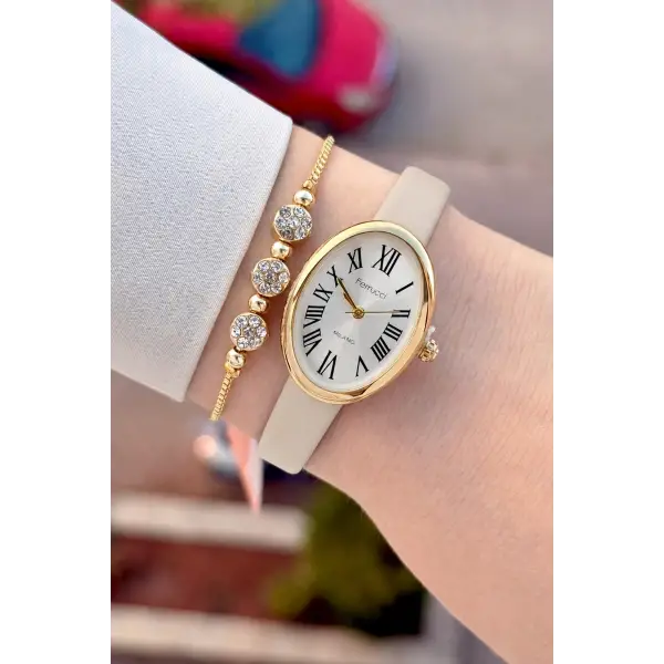 Kasası Gold Kordonu Krem Renk Hediye Paketli 22 Mm 5 ATM Kadın Kol Saati