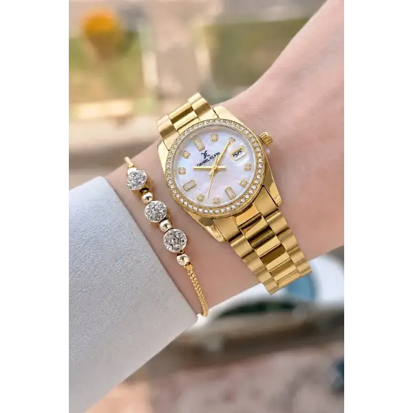 Gold Renk 28 Mm Kadın Kol Saati ve Bileklik
