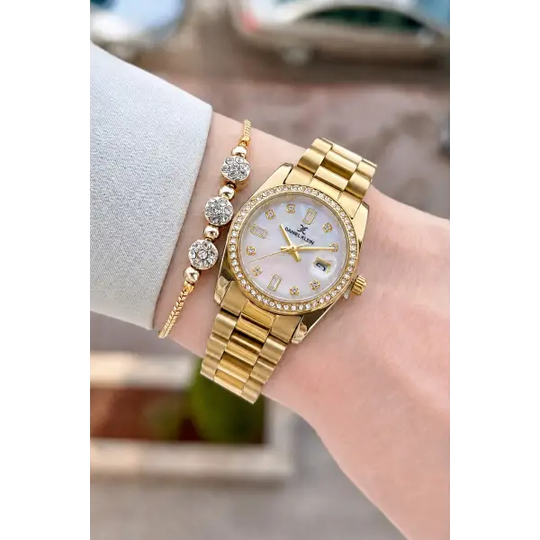 Gold Renk 28 Mm Kadın Kol Saati ve Bileklik