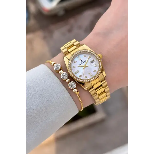 Gold Renk 28 Mm Kadın Kol Saati ve Bileklik