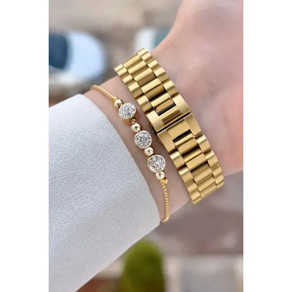 Gold Renk 28 Mm Kadın Kol Saati ve Bileklik