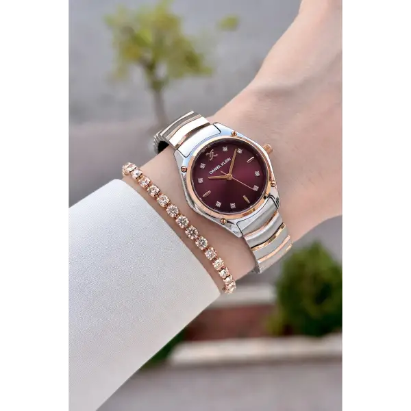 Kadranı Bordo Kordonu Rose Gümüş Renk 30 mm Hediye Paketli Kadın Kol Saati