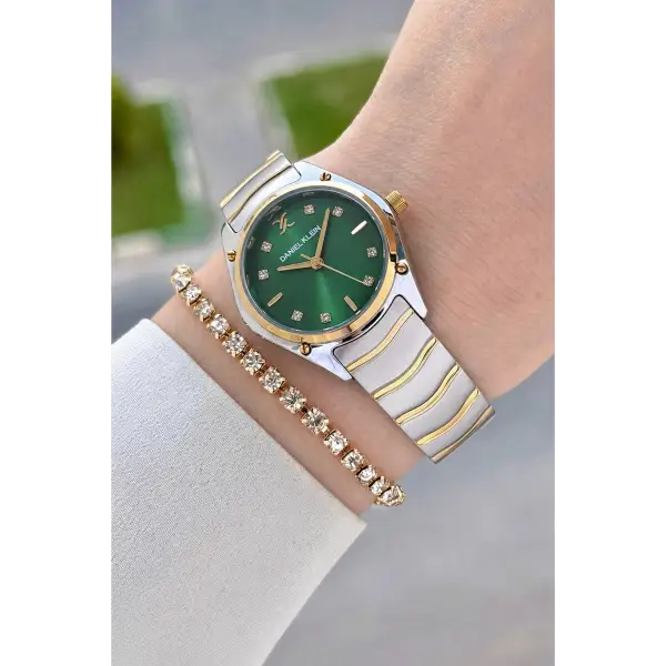 Kadranı Yeşil Kordonu Gold Gümüş Renk 30 mm Hediye Paketli Kadın Kol Saati