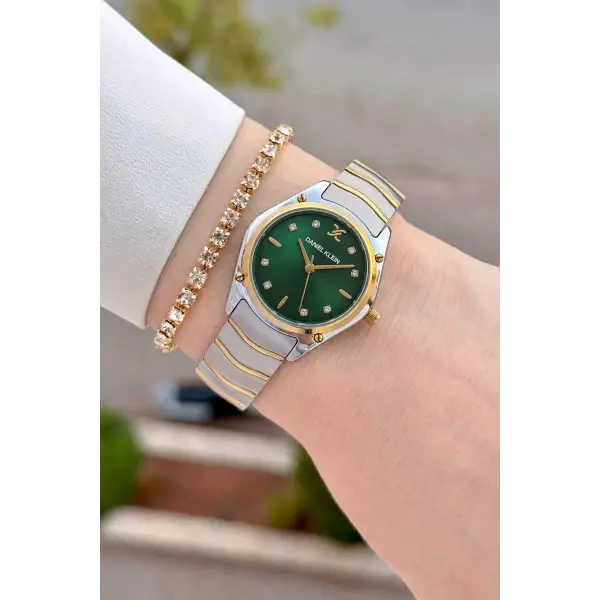 Kadranı Yeşil Kordonu Gold Gümüş Renk 30 mm Hediye Paketli Kadın Kol Saati