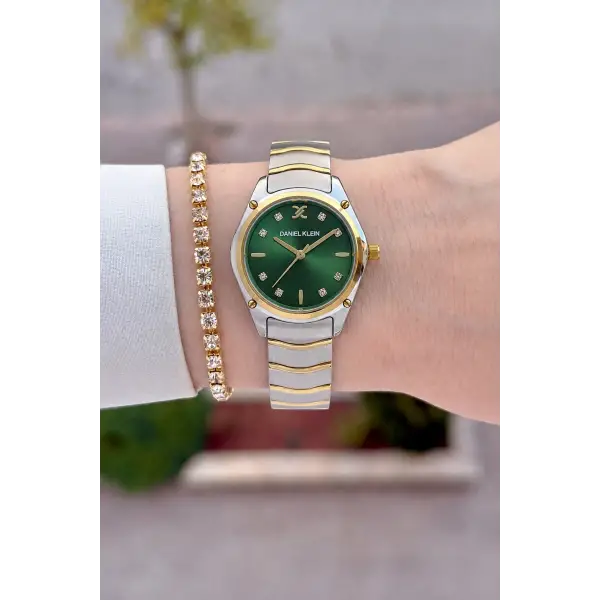 Kadranı Yeşil Kordonu Gold Gümüş Renk 30 mm Hediye Paketli Kadın Kol Saati