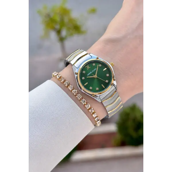 Kadranı Yeşil Kordonu Gold Gümüş Renk 30 mm Hediye Paketli Kadın Kol Saati