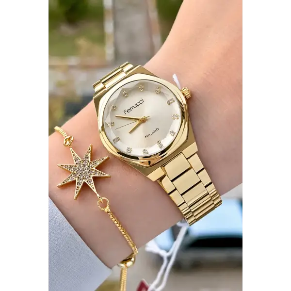 Gold Renk Hediye Paketli 30 Mm Kadın Kol Saati ve Bileklik