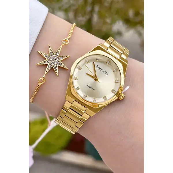 Gold Renk Hediye Paketli 30 Mm Kadın Kol Saati ve Bileklik