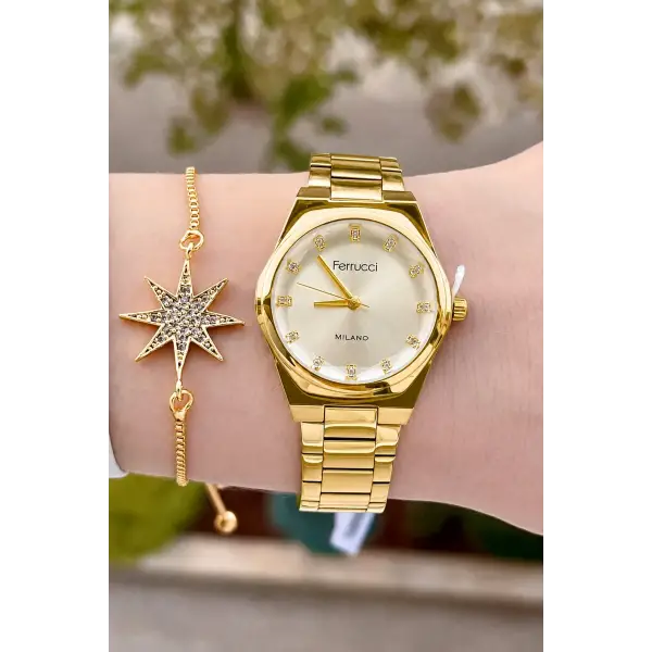 Gold Renk Hediye Paketli 30 Mm Kadın Kol Saati ve Bileklik
