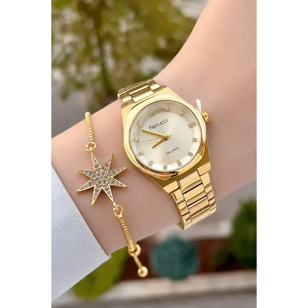 Gold Renk Hediye Paketli 30 Mm Kadın Kol Saati ve Bileklik