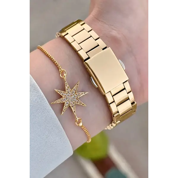 Gold Renk Hediye Paketli 30 Mm Kadın Kol Saati ve Bileklik