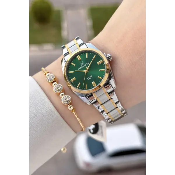 Kadranı Yeşil Kordonu Gold Gümüş Renk 30 Mm Hediye Paketli Kadın Kol Saati