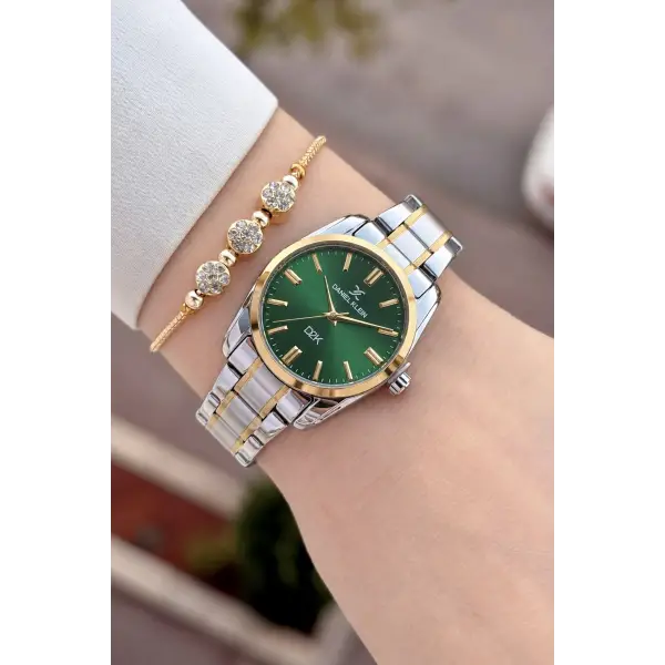 Kadranı Yeşil Kordonu Gold Gümüş Renk 30 Mm Hediye Paketli Kadın Kol Saati