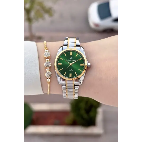 Kadranı Yeşil Kordonu Gold Gümüş Renk 30 Mm Hediye Paketli Kadın Kol Saati