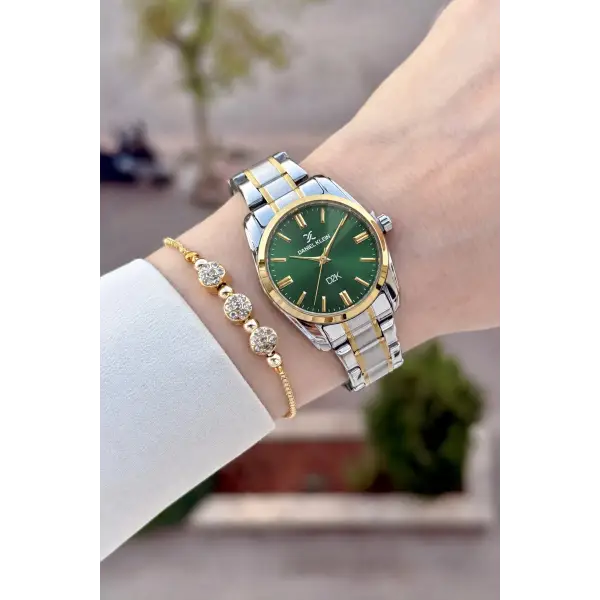 Kadranı Yeşil Kordonu Gold Gümüş Renk 30 Mm Hediye Paketli Kadın Kol Saati