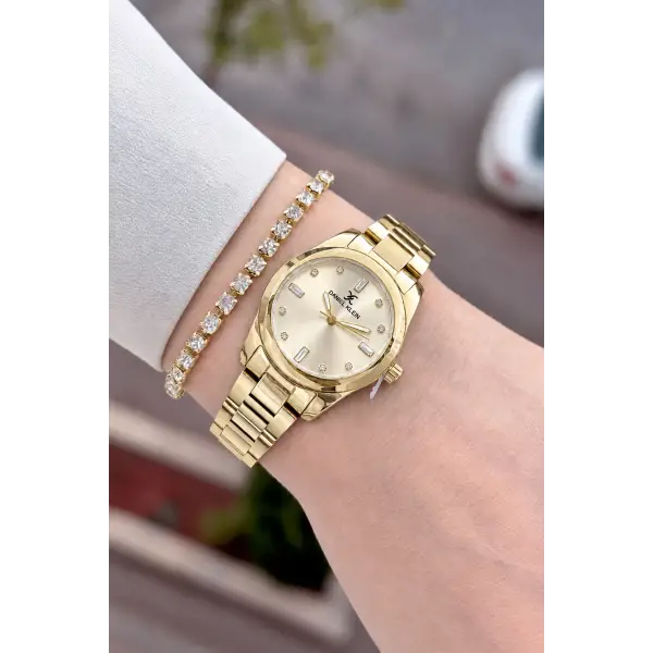 Kadranı Sarı Kordonu Gold Renk 28 Mm Hediye Paketli Kadın Kol Saati