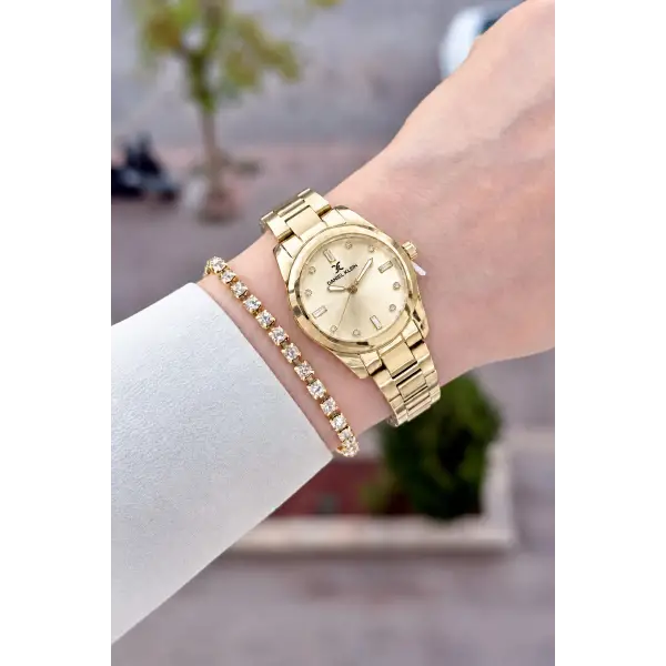 Kadranı Sarı Kordonu Gold Renk 28 Mm Hediye Paketli Kadın Kol Saati