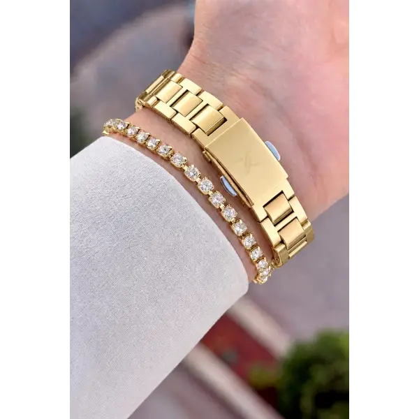 Kadranı Sarı Kordonu Gold Renk 28 Mm Hediye Paketli Kadın Kol Saati