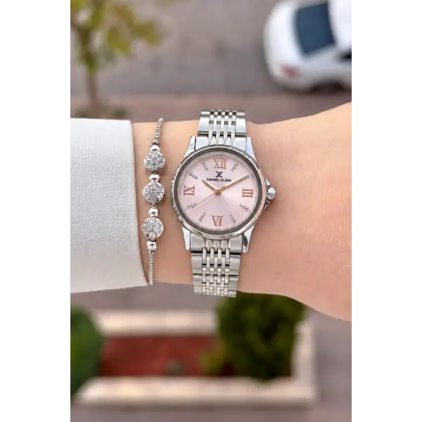 Kadranı Pembe Kordonu Gümüş Renk 28 Mm Hediye Paketli Kadın Kol Saati