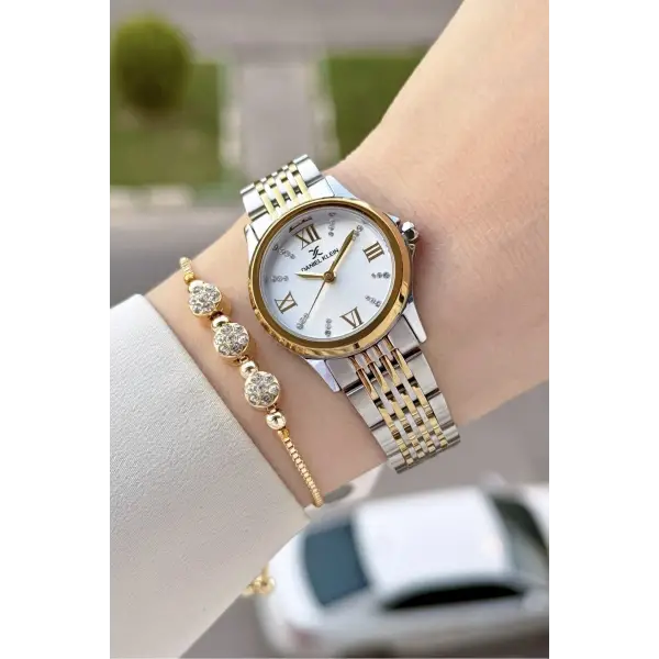 Gold Gümüş Renk 28 Mm Hediye Paketli Kadın Kol Saati
