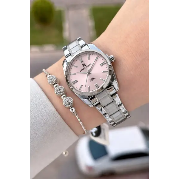 Kadranı Pembe Kordonu Gümüş Renk 30 Mm Hediye Paketli Kadın Kol Saati