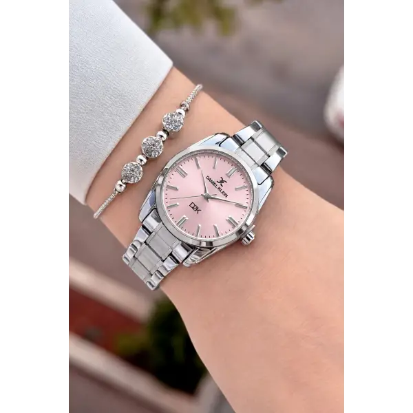 Kadranı Pembe Kordonu Gümüş Renk 30 Mm Hediye Paketli Kadın Kol Saati