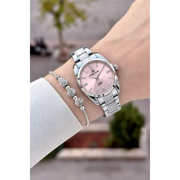 Kadranı Pembe Kordonu Gümüş Renk 30 Mm Hediye Paketli Kadın Kol Saati