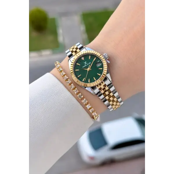 Kadranı Yeşil Kordonu Gold Gümüş Renk 28 Mm Hediye Paketli Kadın Kol Saati