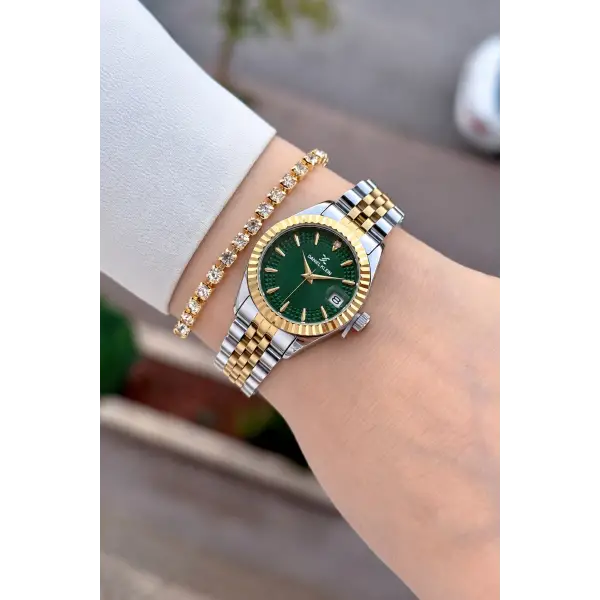 Kadranı Yeşil Kordonu Gold Gümüş Renk 28 Mm Hediye Paketli Kadın Kol Saati