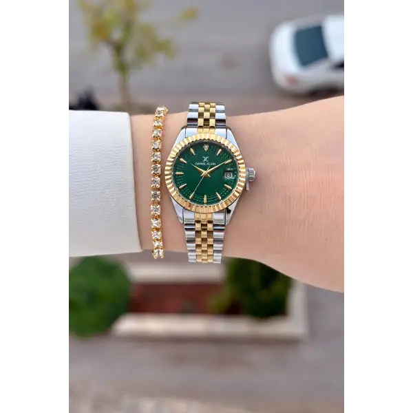 Kadranı Yeşil Kordonu Gold Gümüş Renk 28 Mm Hediye Paketli Kadın Kol Saati