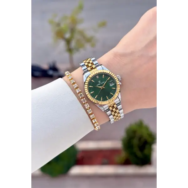 Kadranı Yeşil Kordonu Gold Gümüş Renk 28 Mm Hediye Paketli Kadın Kol Saati