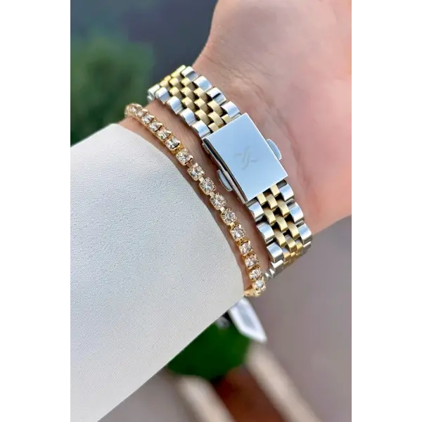 Kadranı Yeşil Kordonu Gold Gümüş Renk 28 Mm Hediye Paketli Kadın Kol Saati