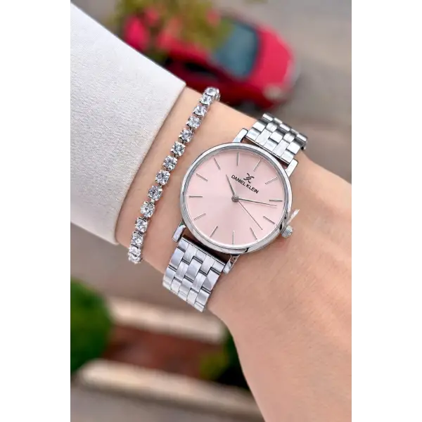 Kadranı Pembe Kordonu Gümüş Renk 30 Mm Hediye Paketli Kadın Kol Saati ve Bileklik