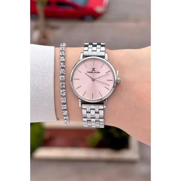Kadranı Pembe Kordonu Gümüş Renk 30 Mm Hediye Paketli Kadın Kol Saati ve Bileklik